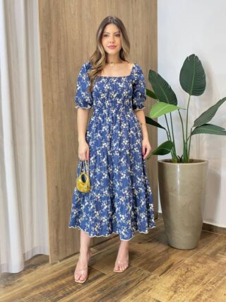 Vestido Midi sem Bojo Jade Tricoline com Bordado Azul - Fernanda Ramos Store