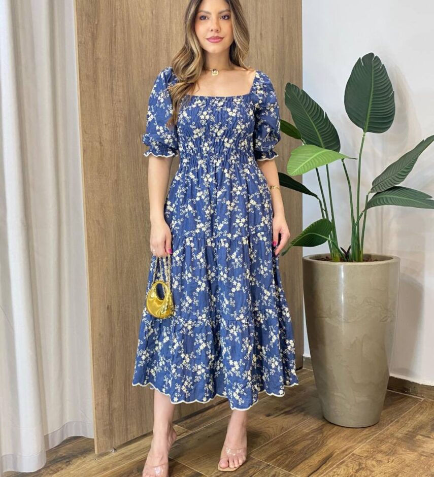Vestido Midi sem Bojo Jade Tricoline com Bordado Azul - Fernanda Ramos Store