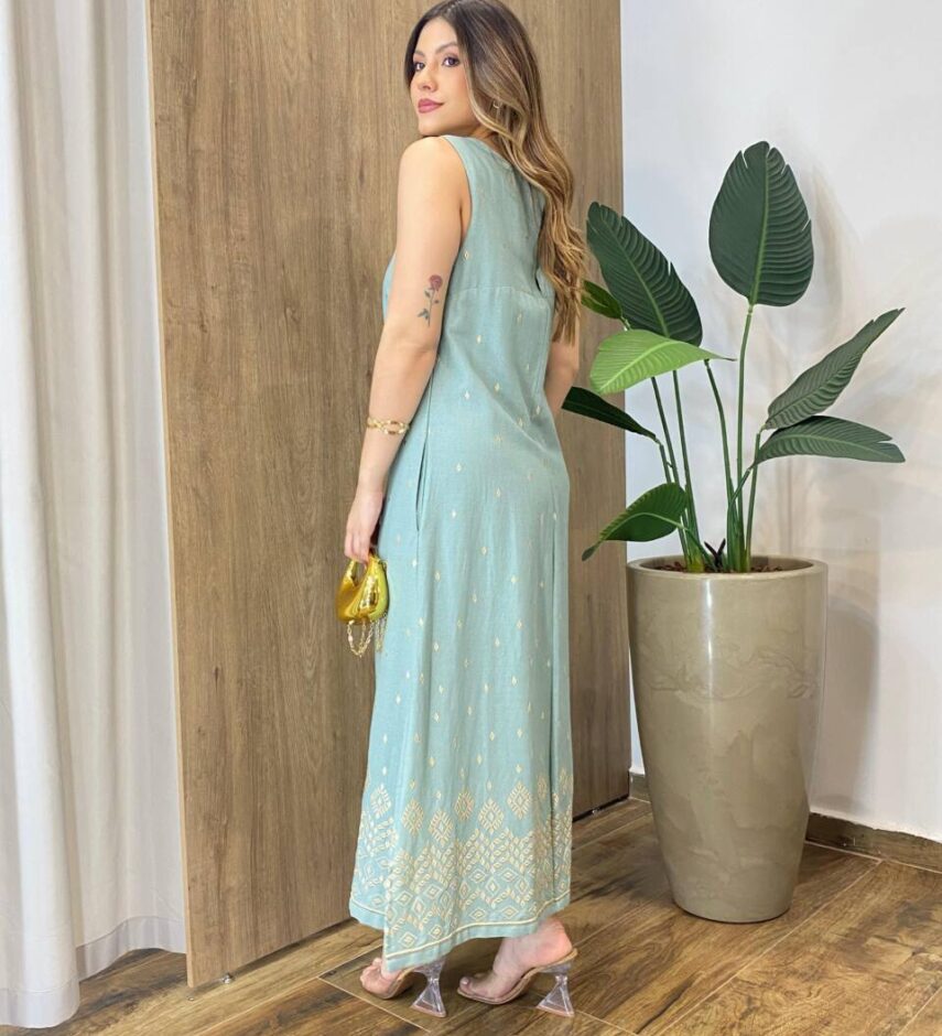 Vestido Regata Feminino Indiano Bordado Dourado Verde - Fernanda Ramos Store