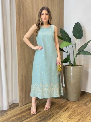 Vestido Regata Feminino Indiano Bordado Dourado Verde - Fernanda Ramos Store