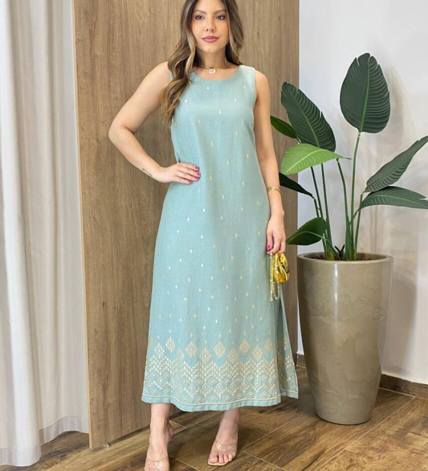 Vestido Regata Feminino Indiano Bordado Dourado Verde - Fernanda Ramos Store