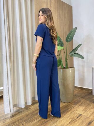 Conjunto Feminino Blusa Manga Curta e Calça com Bolso Azul - Fernanda Ramos Store