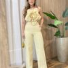 Conjunto Feminino Cropped sem Bojo Flor e Calça Pantalona Amarelo - Fernanda Ramos Store
