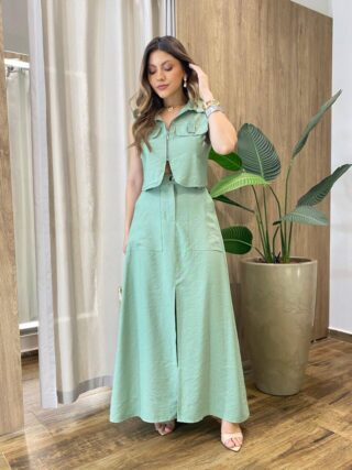 Conjunto Feminino Marba Colete sem Bojo e Saia Longa Fenda Verde - Fernanda Ramos Store