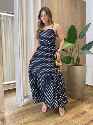 Vestido Longo Anne sem Bojo Reto Alça Regulável Poá Preto - Fernanda Ramos Store