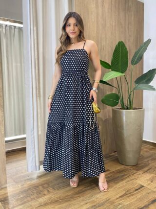 Vestido Longo Anne sem Bojo Reto Alça Regulável Poá Preto - Fernanda Ramos Store