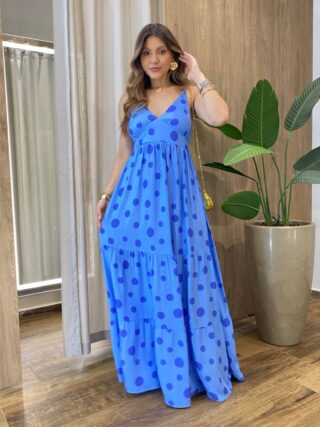 Vestido Longo Isobel sem Bojo Alça Regulável com Bolinhas Azul - Fernanda Ramos Store