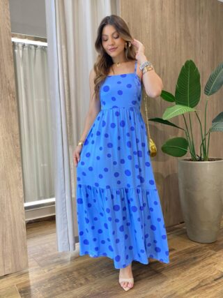 Vestido Longo Isobel sem Bojo Reto Alça Regulável com Bolinhas Azul - Fernanda Ramos Store