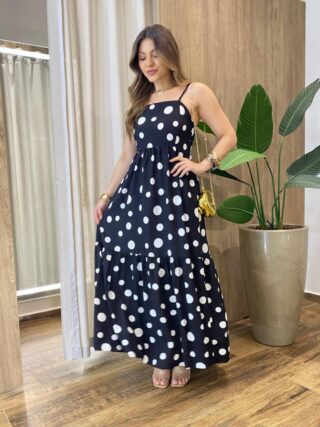 Vestido Longo Isobel sem Bojo Reto Alça Regulável com Bolinhas Preto - Fernanda Ramos Store