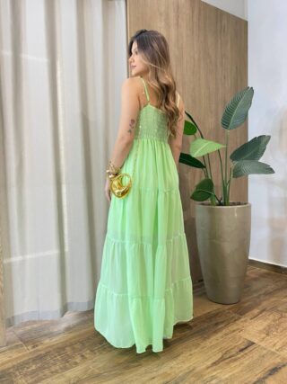 Vestido Longo sem Bojo Detalhe Franzido Carol Verde Limão - Fernanda Ramos Store