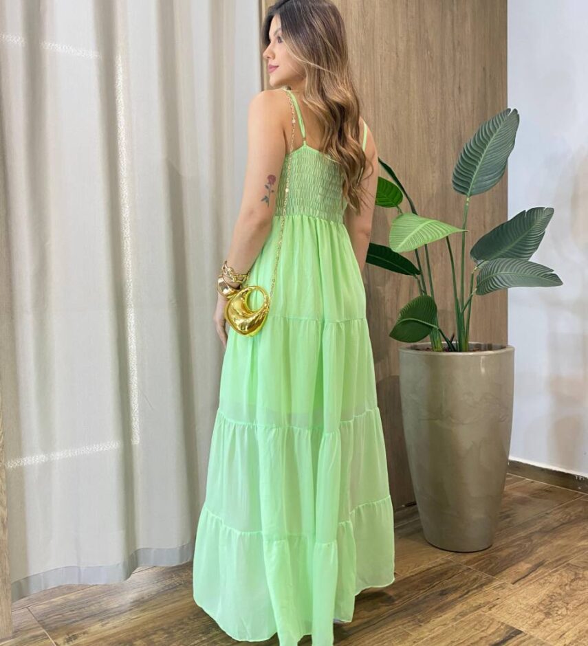 Vestido Longo sem Bojo Detalhe Franzido Carol Verde Limão - Fernanda Ramos Store