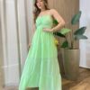 Vestido Longo sem Bojo Detalhe Franzido Carol Verde Limão - Fernanda Ramos Store