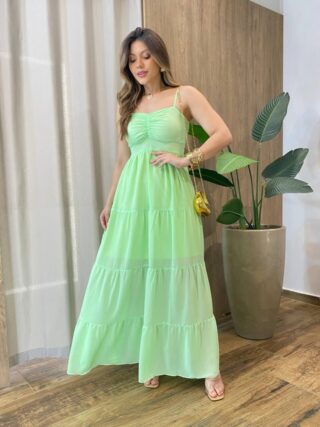 Vestido Longo sem Bojo Detalhe Franzido Carol Verde Limão - Fernanda Ramos Store