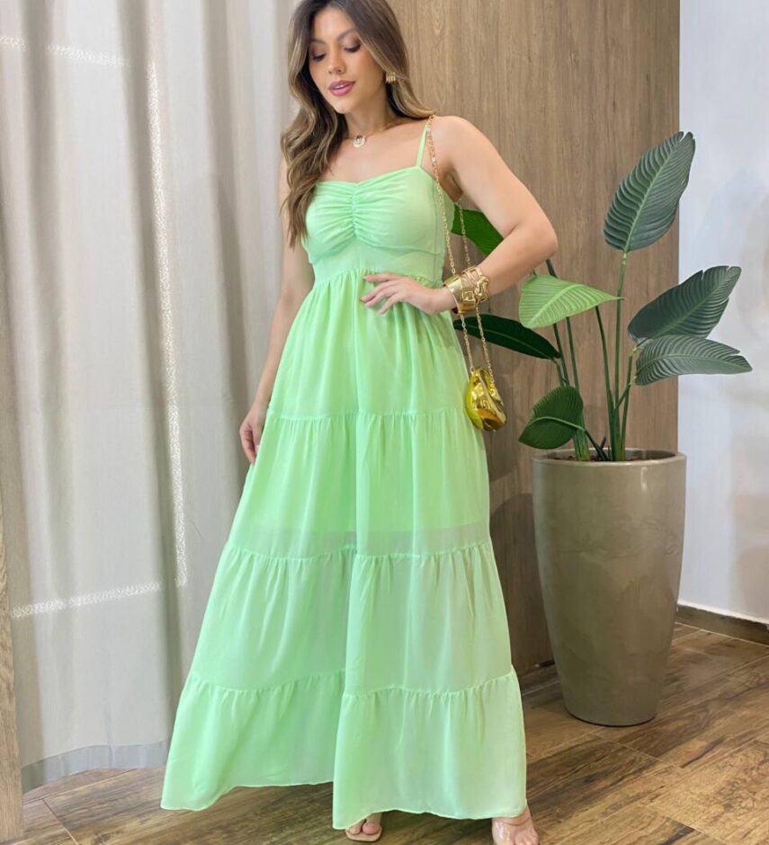 Vestido Longo sem Bojo Detalhe Franzido Carol Verde Limão - Fernanda Ramos Store