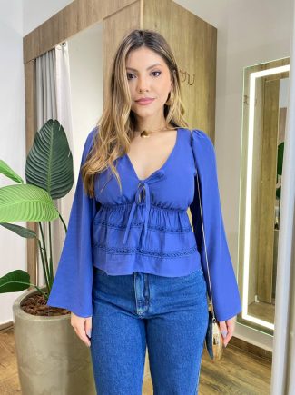 Blusa Bata Feminina com Bojo Manga Longa e Amarração Azul - Fernanda Ramos Store