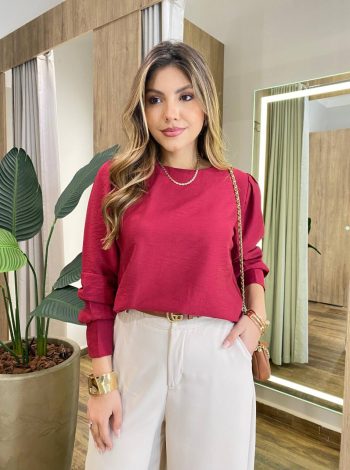 Blusa Feminina Manga Longa Helena Botões na Manga Marsala - Fernanda Ramos Store