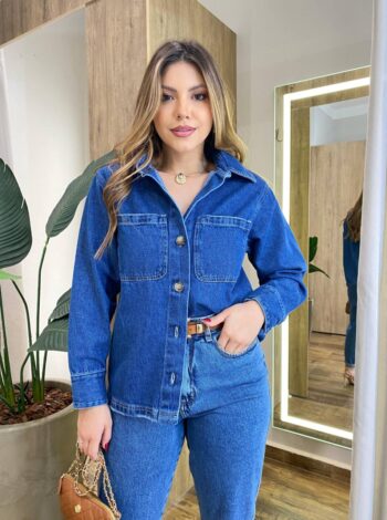 Camisa Feminina Oversized com Bolsos Jeans Médio 023397 - Fernanda Ramos Store