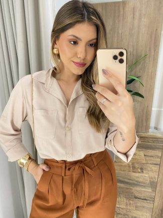 Camisa Feminina Social Sofya Manga Longa Bege - Fernanda Ramos Store
