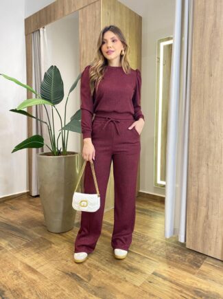 Conjunto Feminino Carol Blusa Manga Longa Princesa e Calça Vinho - Fernanda Ramos Store
