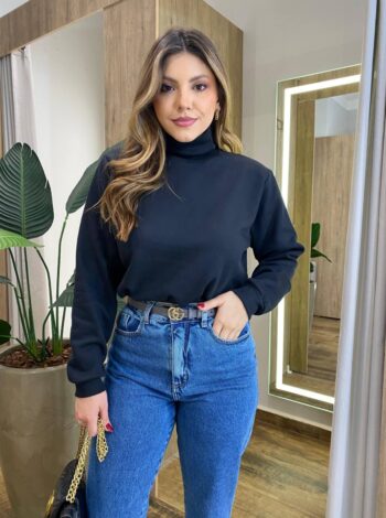 Moletom Flanelado Cropped com Gola Preto - Fernanda Ramos Store