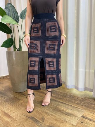 Saia Midi Trocot Modal com Fenda Frontal Estampada Preta - Fernanda Ramos Store
