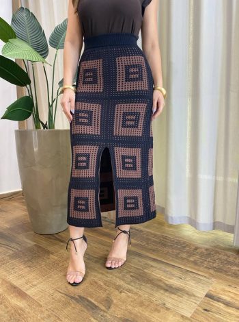 Saia Midi Trocot Modal com Fenda Frontal Estampada Preta - Fernanda Ramos Store