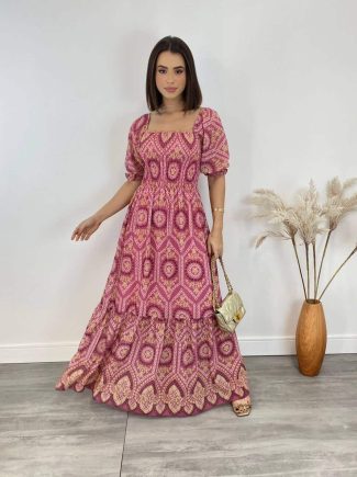 Vestido Longo sem Bojo Luna com Lastex Estampado Rosa - Fernanda Ramos Store